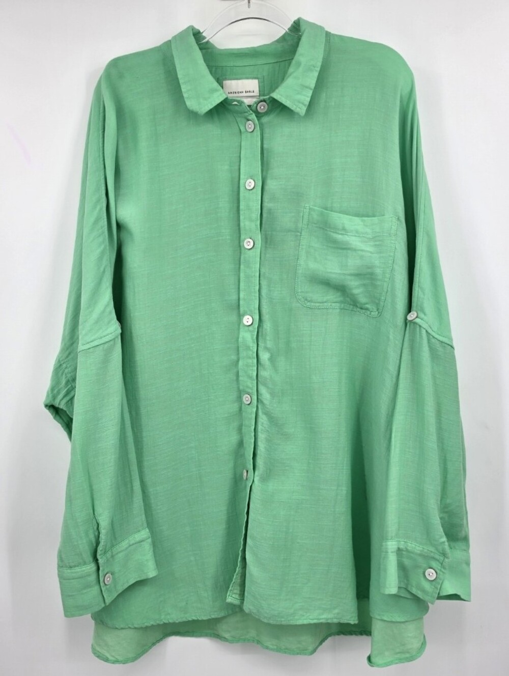American Eagle Oversized Long Sleeve Button Front Shirt XL Green Gauze